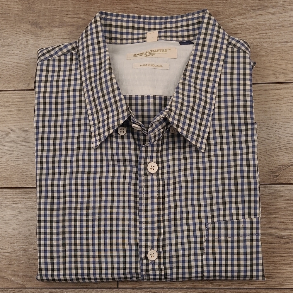 LEVIS LVC Blue White Black Plaid Checkered Sz 3 / L Short Sleeve Button Up Shirt